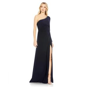 Mac Duggal 26039 Midnight One Shoulder Long‎ Sleeve Asymmetric Formal Gown NWT